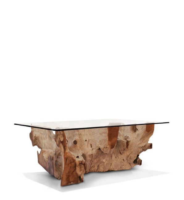 MESA CENTRO RAÍZ TEKA BLANQUEADA CON CRISTAL