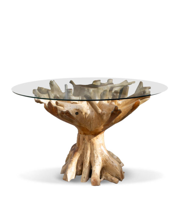 MESA RAÍZ TEKA BLANQUEADA CON CRISTAL A