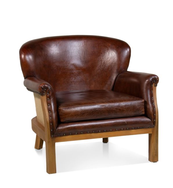 LEATHER AND TEAK WINGBACK ARMCHAIR